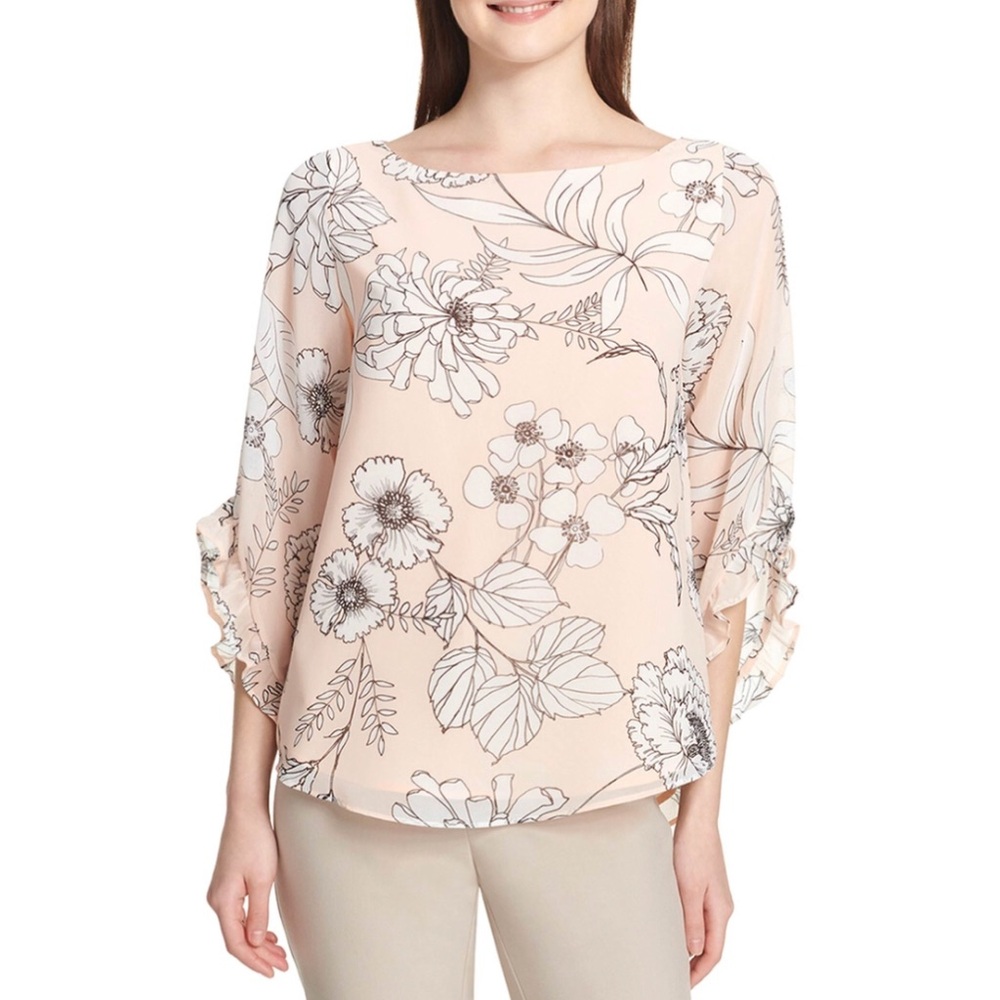 Calvin Klein Collection Printed Chiffon Blouse with Ruffle Sleeves Size XL